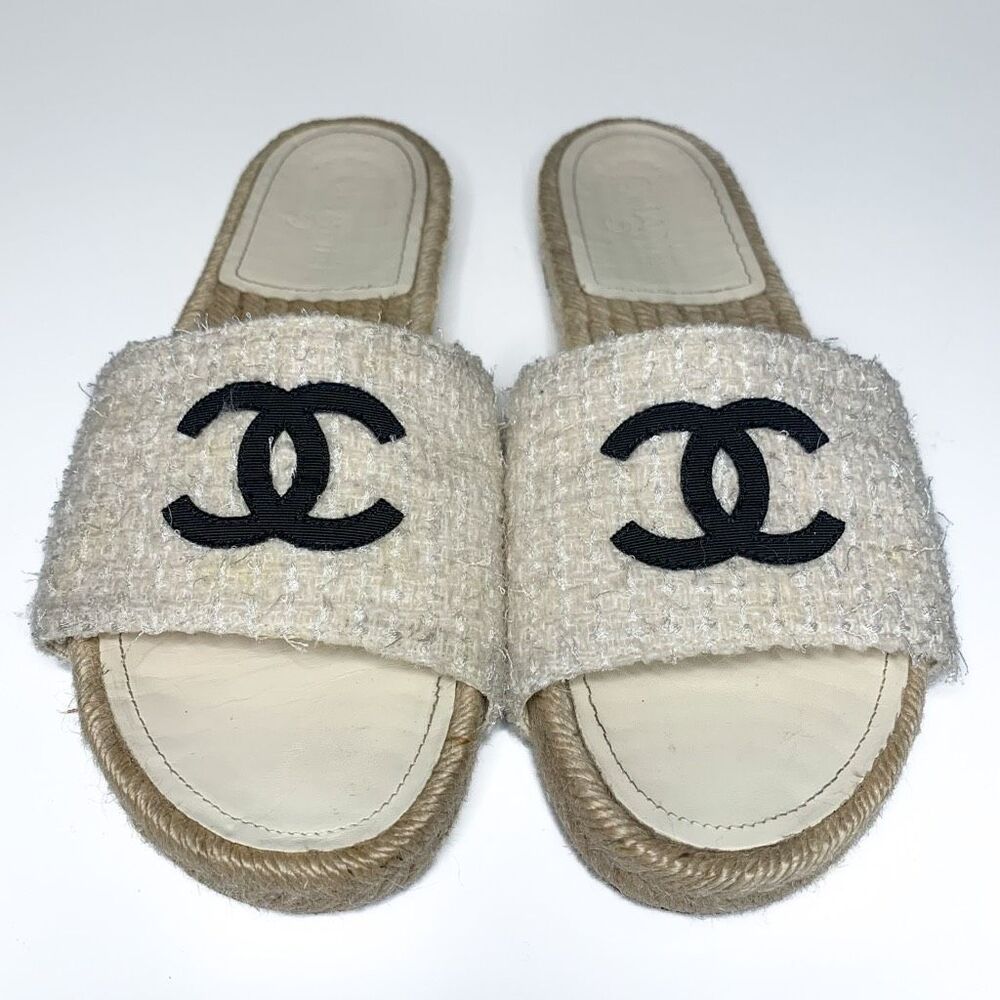 Chanel CC Espadrille Slide Sandals EU 40 US 9-9.5 Ivory Tweed Flat Slip On Logo - Picture 2 of 10